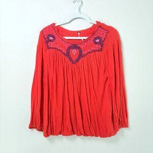 Free People Begonia Peasant Top Size M Burnt Orange Purple Embroidery‎ Boho
